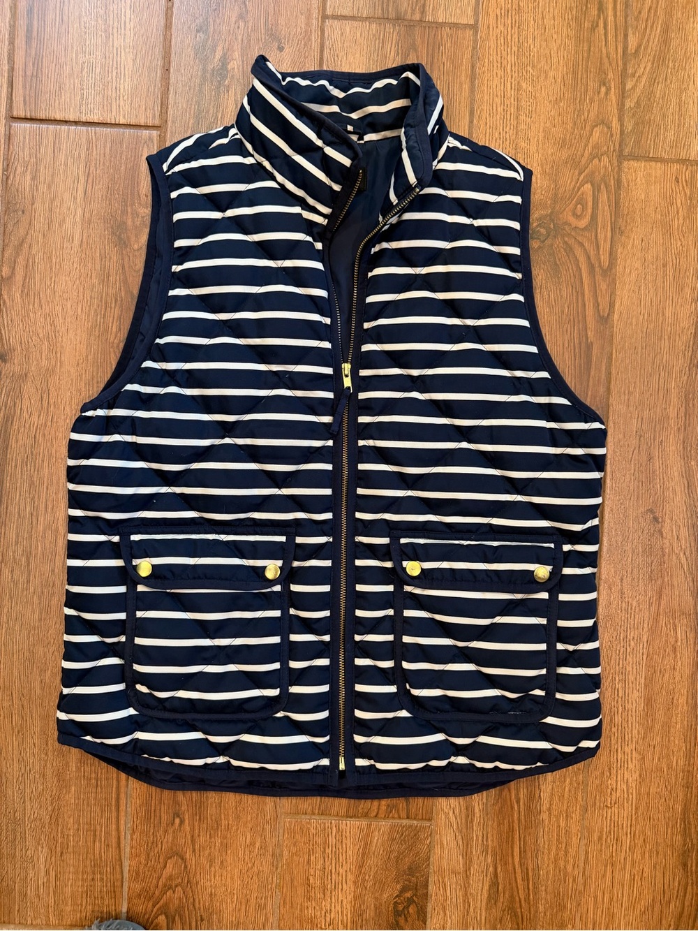 J. Crew Navy Striped Quilted down Vest with Gold-Tone Buttons / women’s large